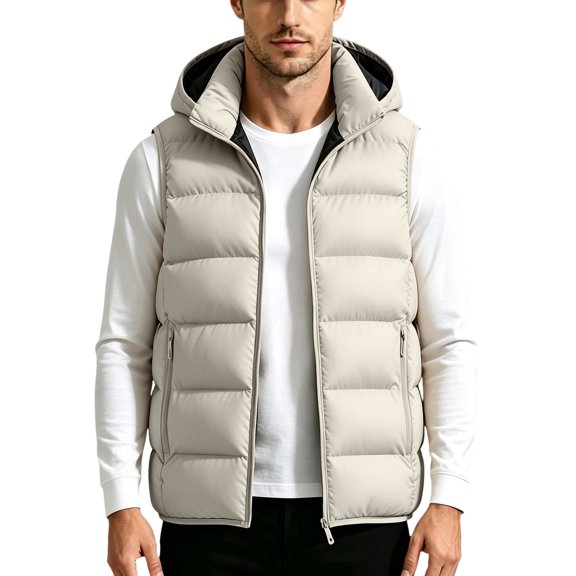 Xdegoge Mens Hooded Puffer Vest Sleeveless Winter Jacket Thick Insulated Warm Quilted Gilet Full Zip Windproof Outerwear for Cold Weather Casual Outdoor Layering