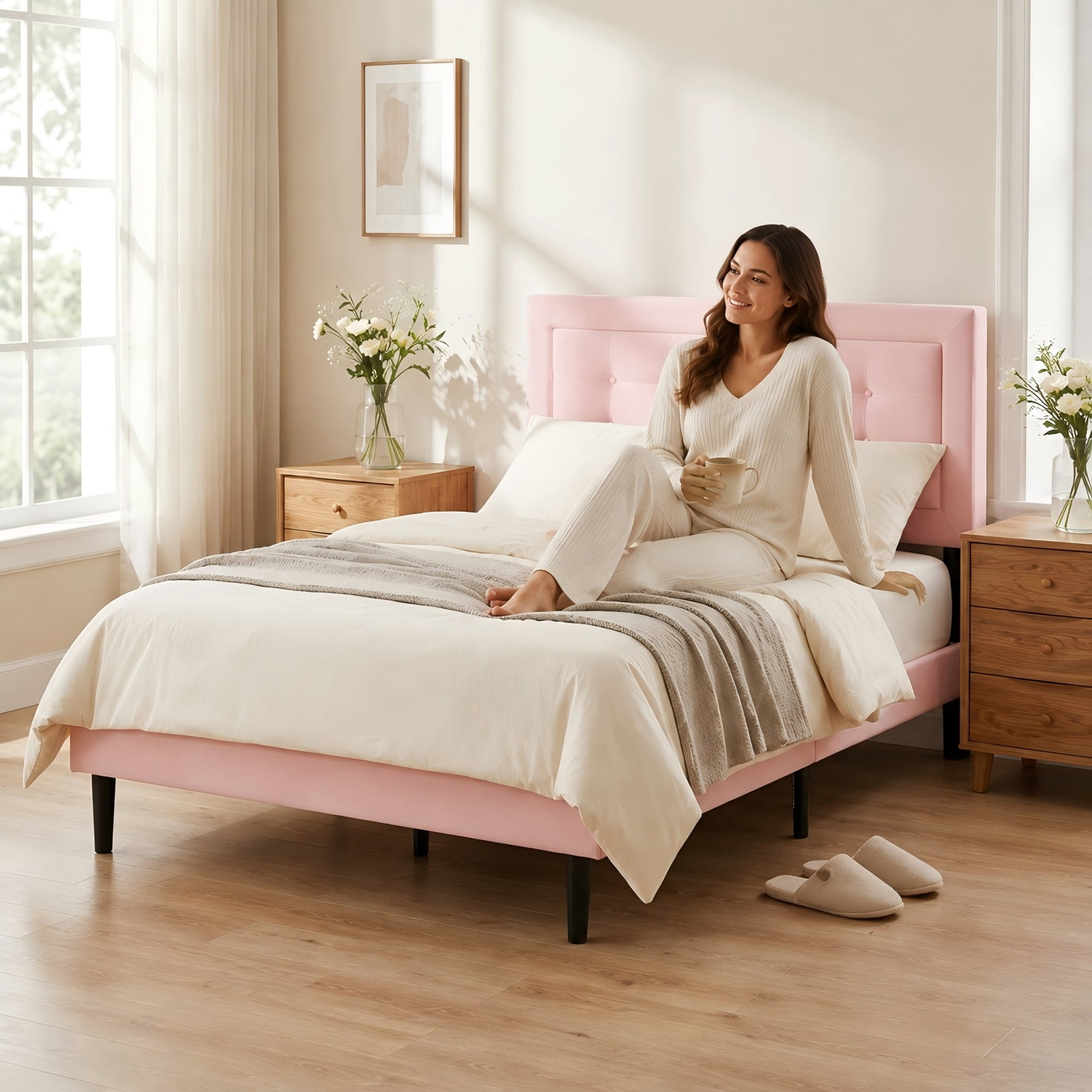 BSHTI Full Size Upholstered Platform Bed Frame with Square Tufted Headboard, Solid Wood Frame, 10 Wood Slats, No Box Spring Needed（Pink ）
