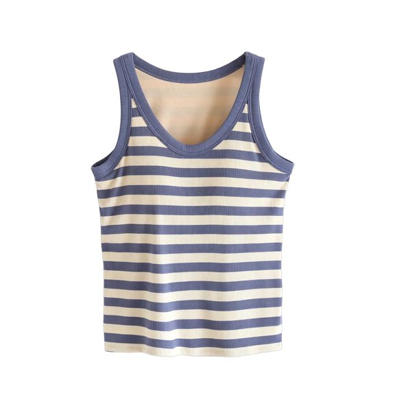 Tsesme Women's Striped Tank Tops with Built in Bras Round Neck Ribbed Sleeveless Tee Stretchy Slim Athletic Camisoles XL
