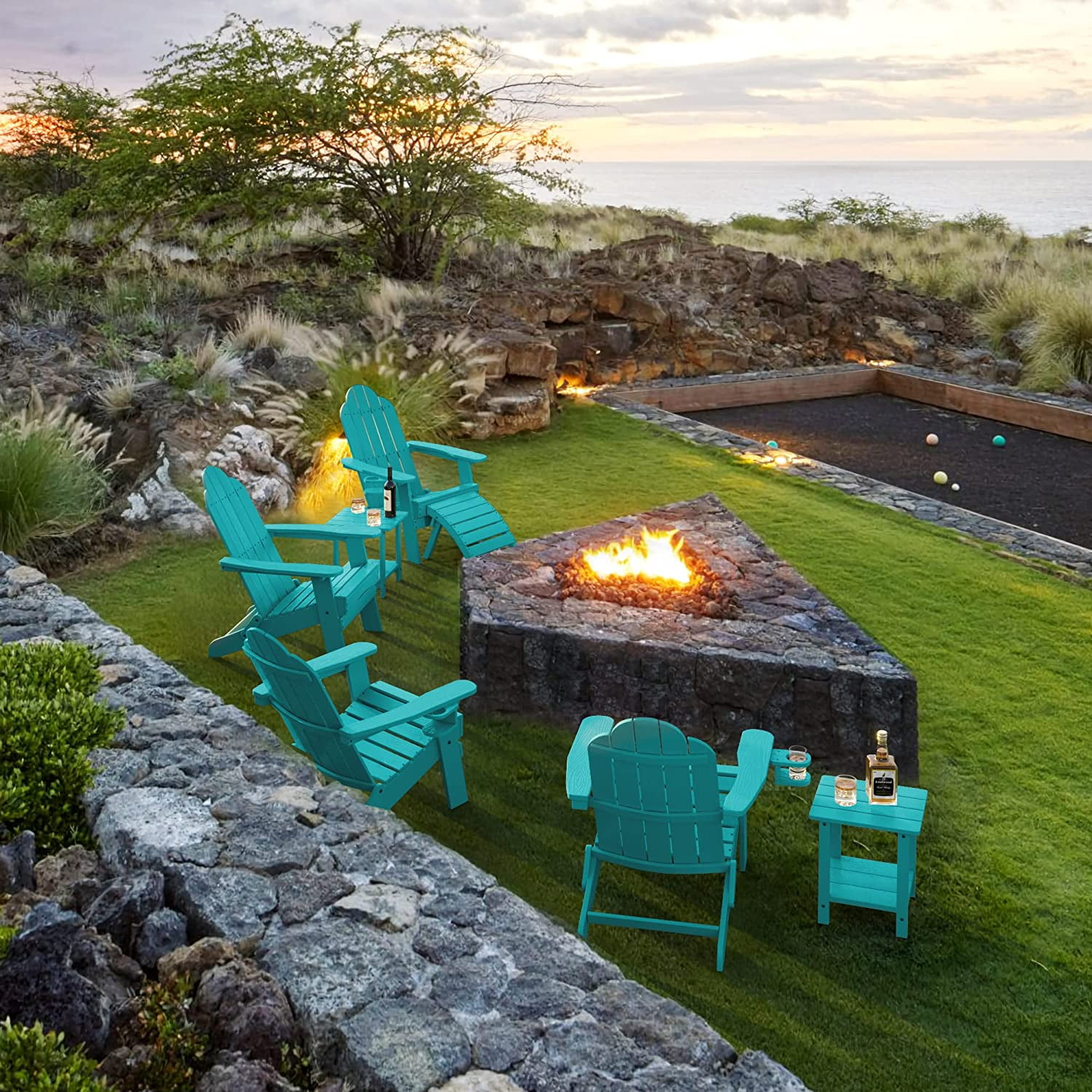 Dycanpo Folding Adirondack Chair Set of 2,Fire Pit Patio Garden Chair with Cup Holder,Aruba Blue