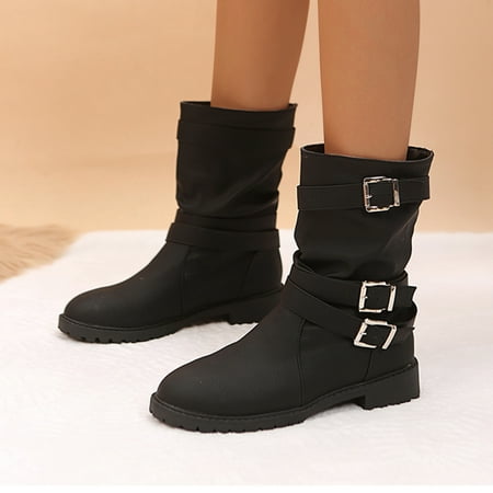 

Christmas Ladies Solid Color Wrinkled Leather Belt Buckle Heel Fashion Mid Boots