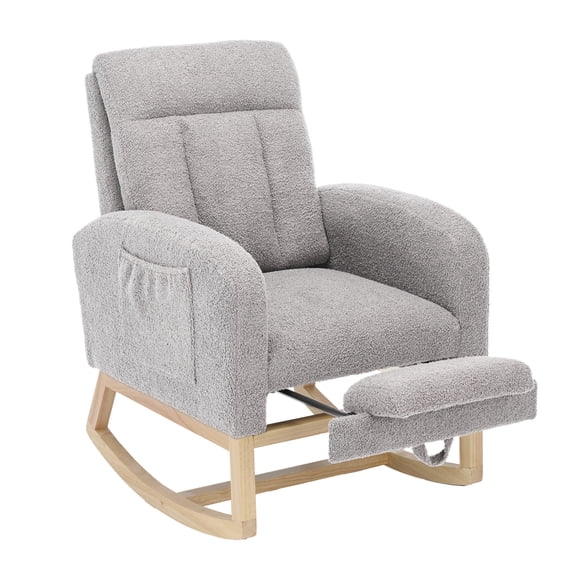 Modern Stuffed Glider Rocking Chair Recliner for Living Room,Nursery-Soft Upholstery, Adjustable Footrest, High Back, Side Pocket, Sturdy-colored Wood Legs - Raw wood legs Stuffed fleece | Light gray