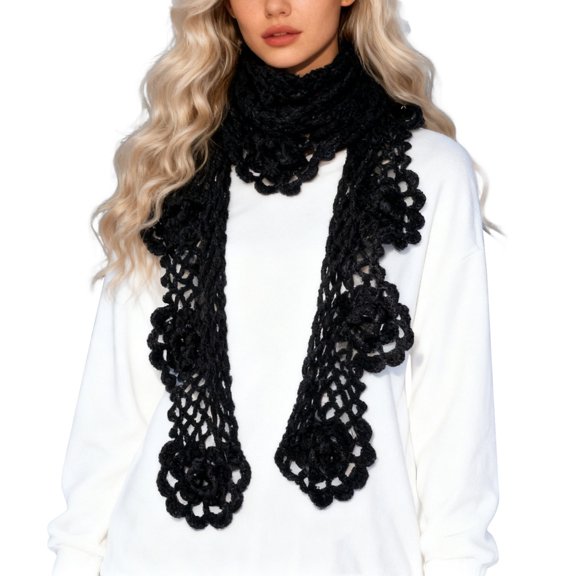 HJYCHN Women's Fashion Scarves Elegant Hand Floral Scarf Long Knitted Neck Warmer Soft Warm Decorative Scarfs for Women Black One Size