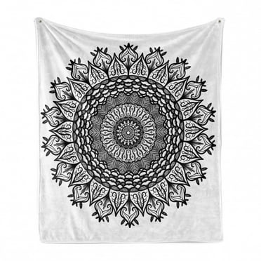 Lotus Soft Flannel Fleece Throw Blanket, Mandala with Flower Effects Oriental Folk Boho Illustration, Cozy Plush for Indoor and Outdoor Use, 60" x 80", Black White, by Ambesonne