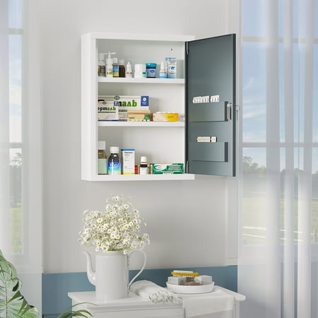 kleankin Bathroom Medicine Cabinet with Shelves Inside & On Door, Locking Medical Cabinet for Safety, First Aid Bathroom Wall Cabinet, White & Grey