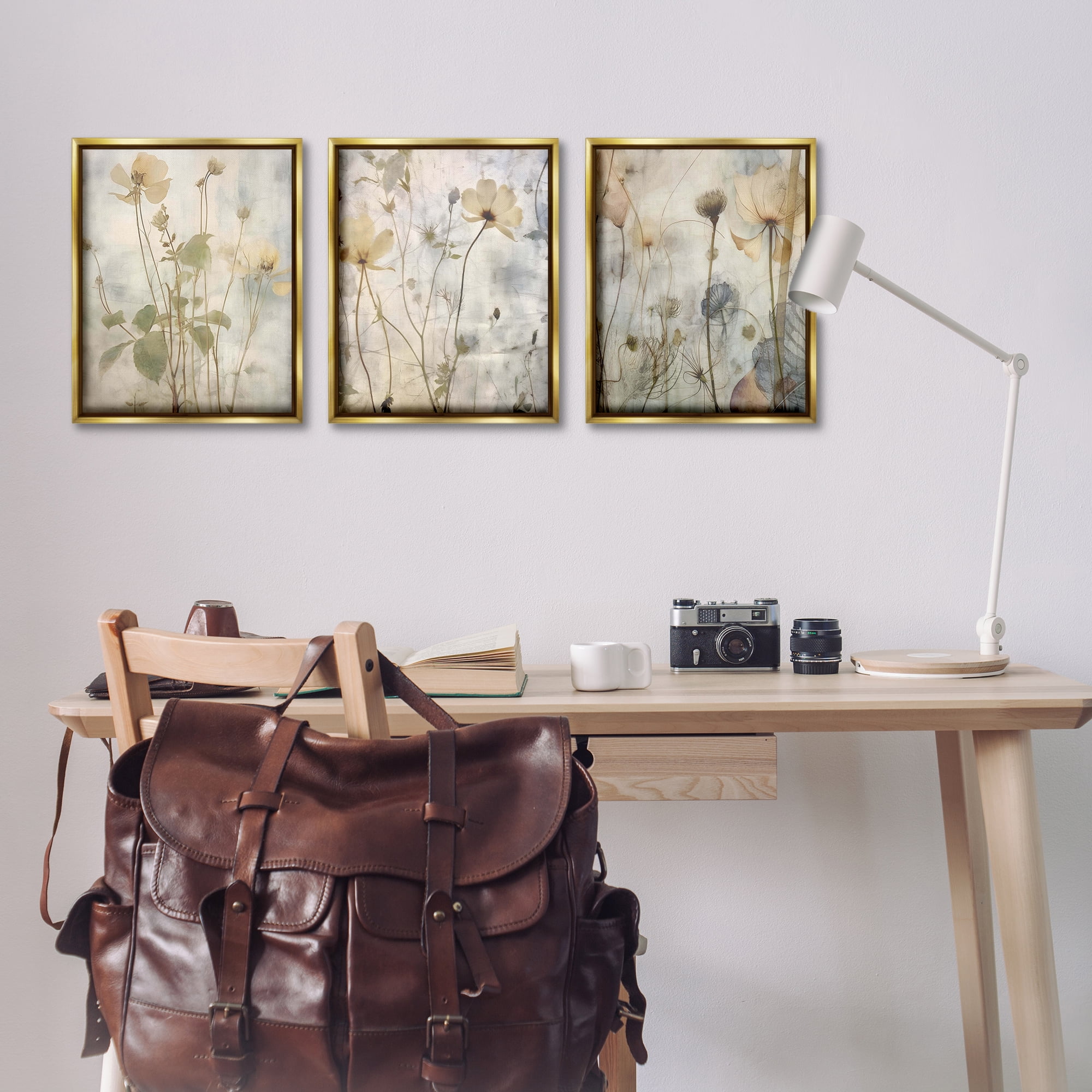Stupell Industries Soft Blooming Botanicals Plants & Flowers Painting Gold Floater Framed Canvas Art Print Wall Art, 17 x 21, Set of 3