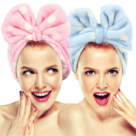 Tutuviw 2Pcs Hair Band Fashion Lovely Soft Caroset Bowknot Adjustable Elastic Skincare Headband Face Wash Headband for Face Washing Shower Spa and Makeup(Blue&Pink)