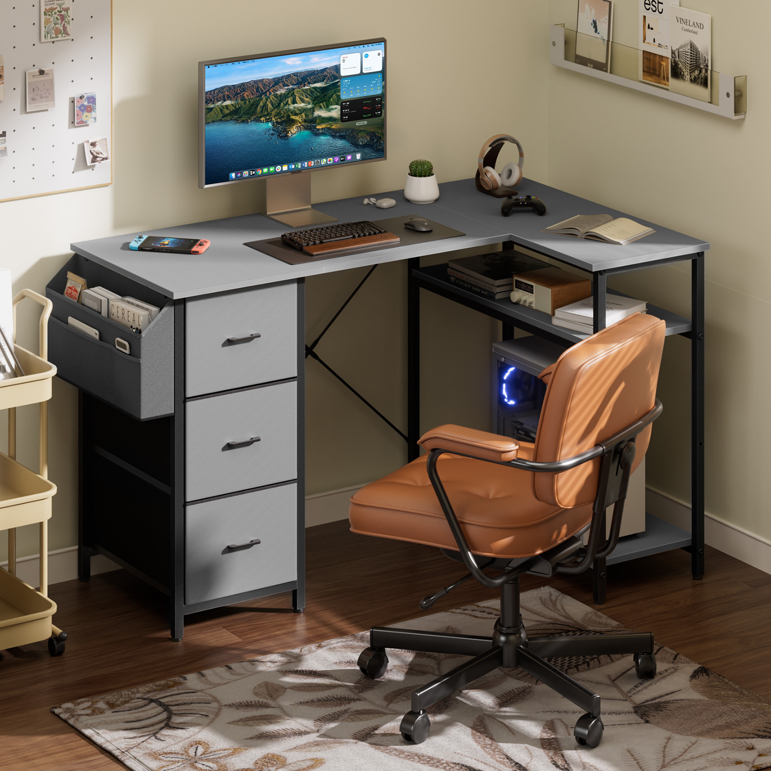 HLDIRECT L Shaped Computer Desk with Drawers & Storage Shelves, 47 inch Corner Desk for Home Office and Bedroom, Gray