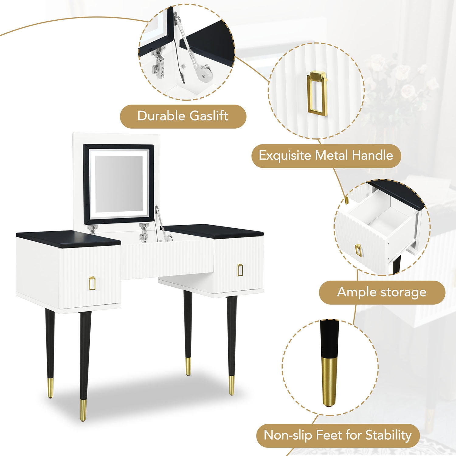 Kadyn 43.3" Modern Vanity Table Set with Flip-top Mirror and LED Light, Dressing Table with Customizable Storage, Black White