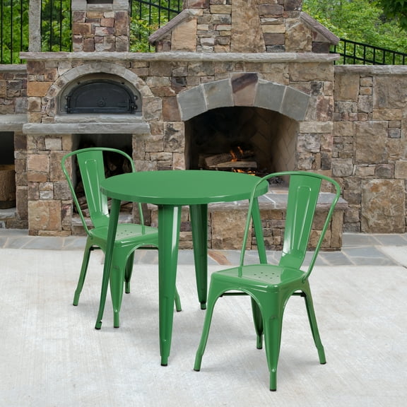 Emma   Oliver Commercial 30" Round Green Metal Indoor-Outdoor Table Set with 2 Cafe Chairs