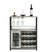Tuekys Wine Bar Cabinet with Storage,Small Liquor Cabinet,Bar Cabinet with Glass Holder,Mesh Door for Apartment,Bar,Kitchen,Dining Room,Home Decor-Gray