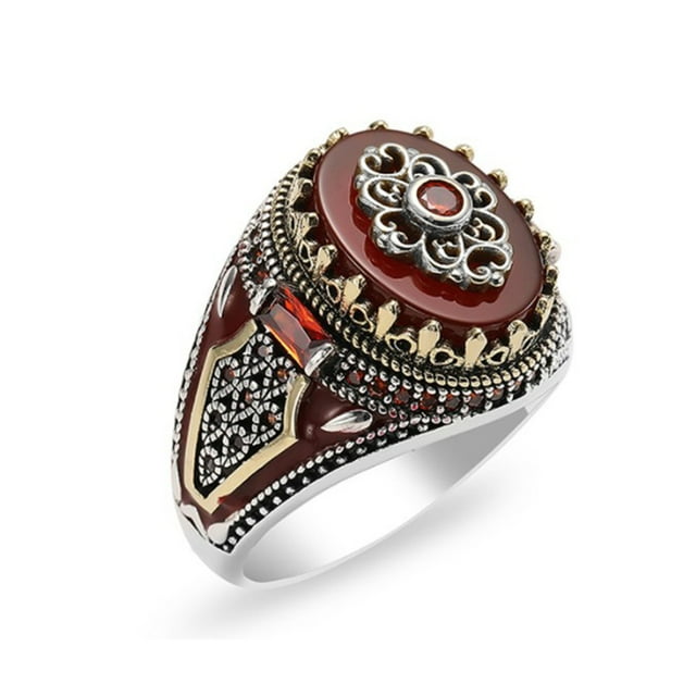 Trayknick Bague Exquis Accessoire Pierre Rouge Rétro Bicolore Bague Hommes Banquet Bijoux Cadeaux Saint Valentin Cadeau