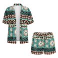 thumbnail image 4 of FKEKYI Women's 2 Piece Set Short Sleeve Shirt & Shorts with Elastic Waist American Tribal Green Geometric Print Summer Beachwear Soft Vacation Outfits Open Front Top Lounge Set, L, 4 of 7