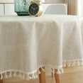 thumbnail image 4 of Elegant Vintage Style Linen Textured Round Tablecloth With Tassel Design, Waterproof Spill Proof Strong And Durable Beige Table Cover For Dining Room, Kitchen, And Outdoor Events (150 Cm), 4 of 7
