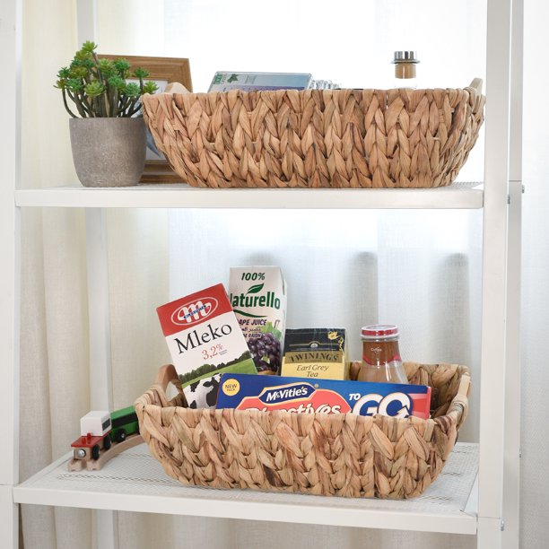 Water Hyacinth Woven Baskets with Wood Handles, Hyacinth Storage