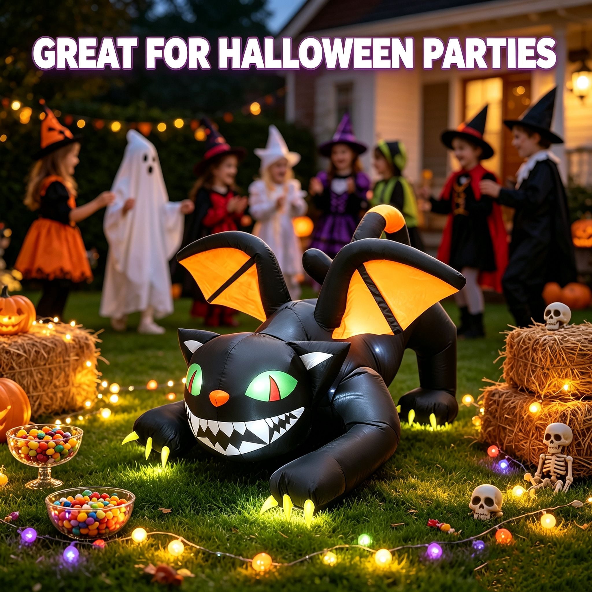 6FT Inflatable Black Cat Halloween Outdoor Decor with Built-in LED Lights Waterproof Polyester Blow Up Ornament for Yard Garden Party