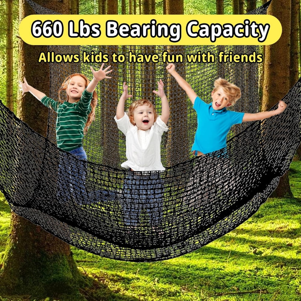Climbing Cargo Net - 6.5'~14.7' x 9.8', Double Layer Playground Safety Net with Storage Bag for Kids' Outdoor Treehouse