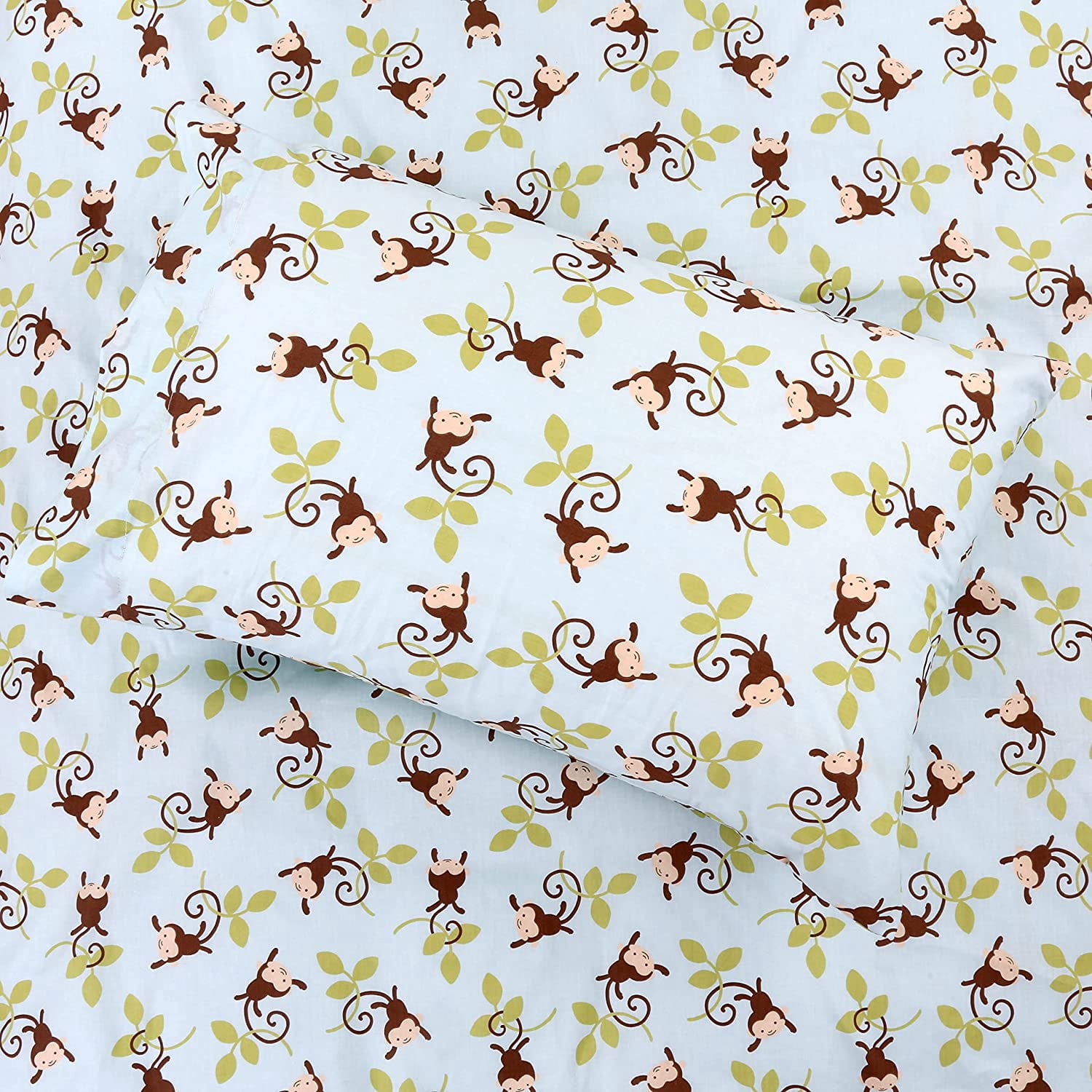 Jungle Monkey Tails Swing 3 Piece Blue Cotton Toddler Sheet Set