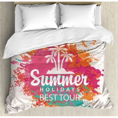 Quote Decor Queen Size Duvet Cover Set, Summer Holidays Best Tour Lettering with Palm Tree Island Rainbow Colored Image, Decorative 3 Piece Bedding Set with 2 Pillow Shams, Multicolor, by