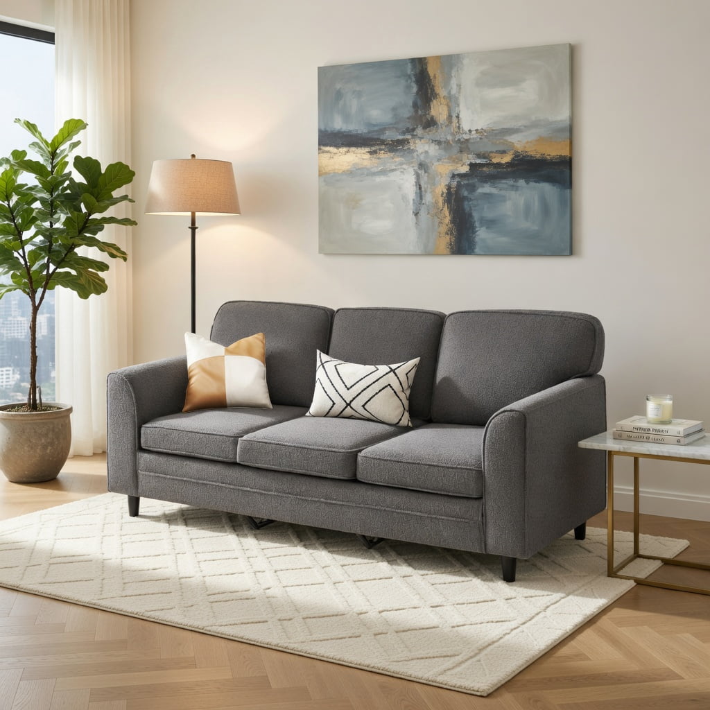 Hommoo Teddy Velvet 3-Seater Sofa, Upholstered Living Room Couch with Ergonomic Support, Machine-Washable Cushions & Sturdy Rubber Wood Legs, Gray