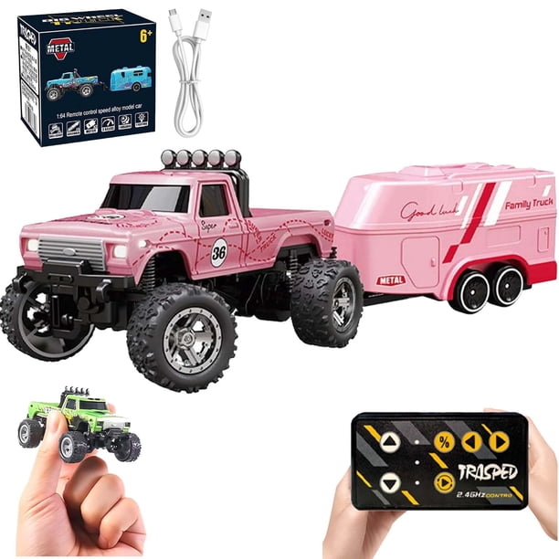 Mini Rc Monster Truck, Mini Monster Trucks, 1:64 Scale Monster Truck Remote Control Car with Lights, Mini Rc Truck with Trailer, Mini Drift Rc Car, 2.4ghz Remote Control (Orange)
