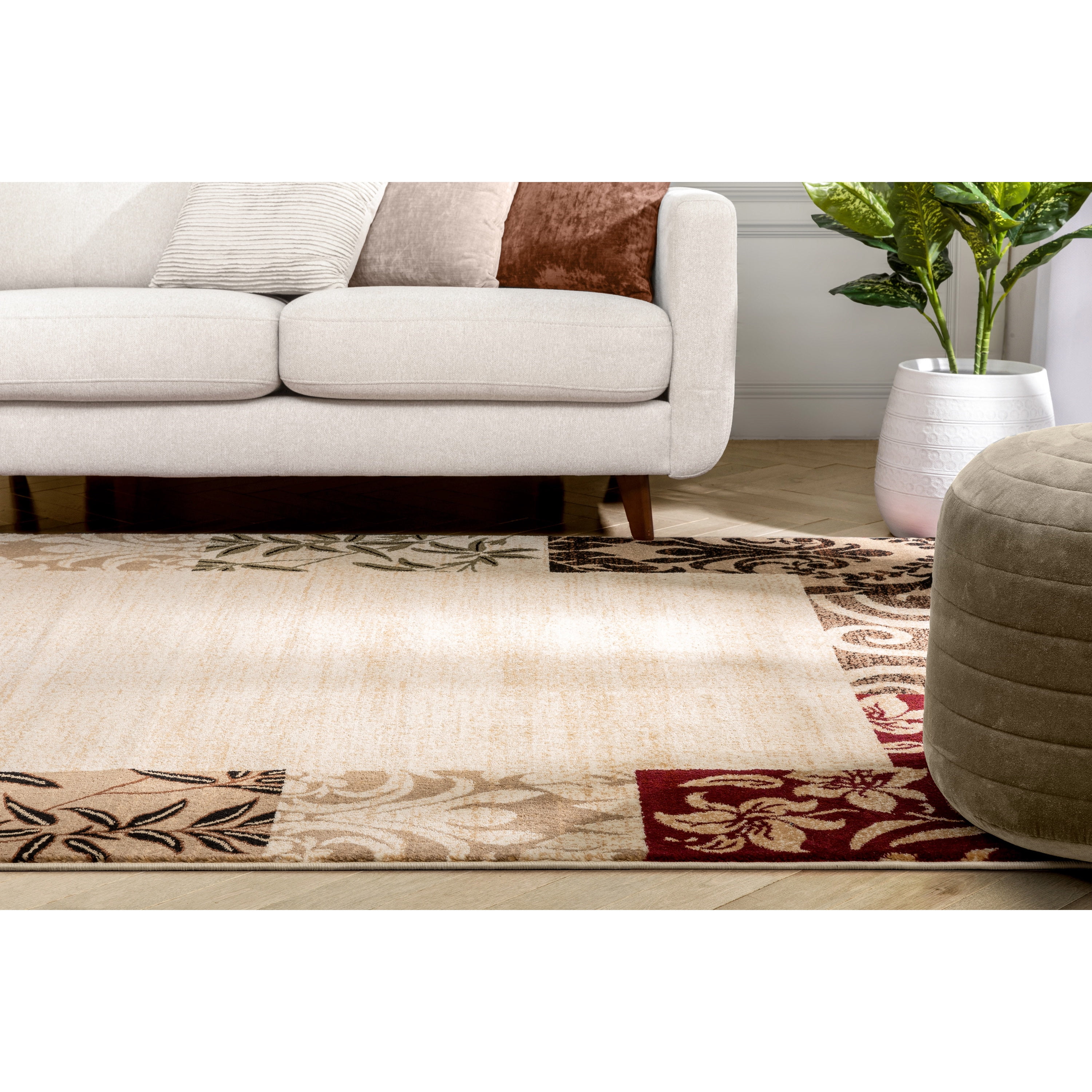 Well Woven Barclay Vane Willow Damask Modern Border Beige 6'7" x 9'6" Area Rug