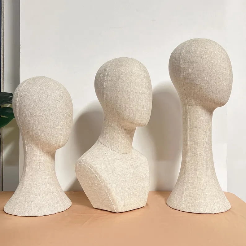 DE-LANG Bamboo Linen Mannequin Head with Long Neck, Pinnable Display for Hats, Wigs, Scarves & Jewelry