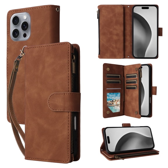 ELEHOLD Case for iPhone 16 Pro Max, PU Leather Zipper Wallet Flip Folio Case with Card Holder & Wrist Strap & Stand,Brown