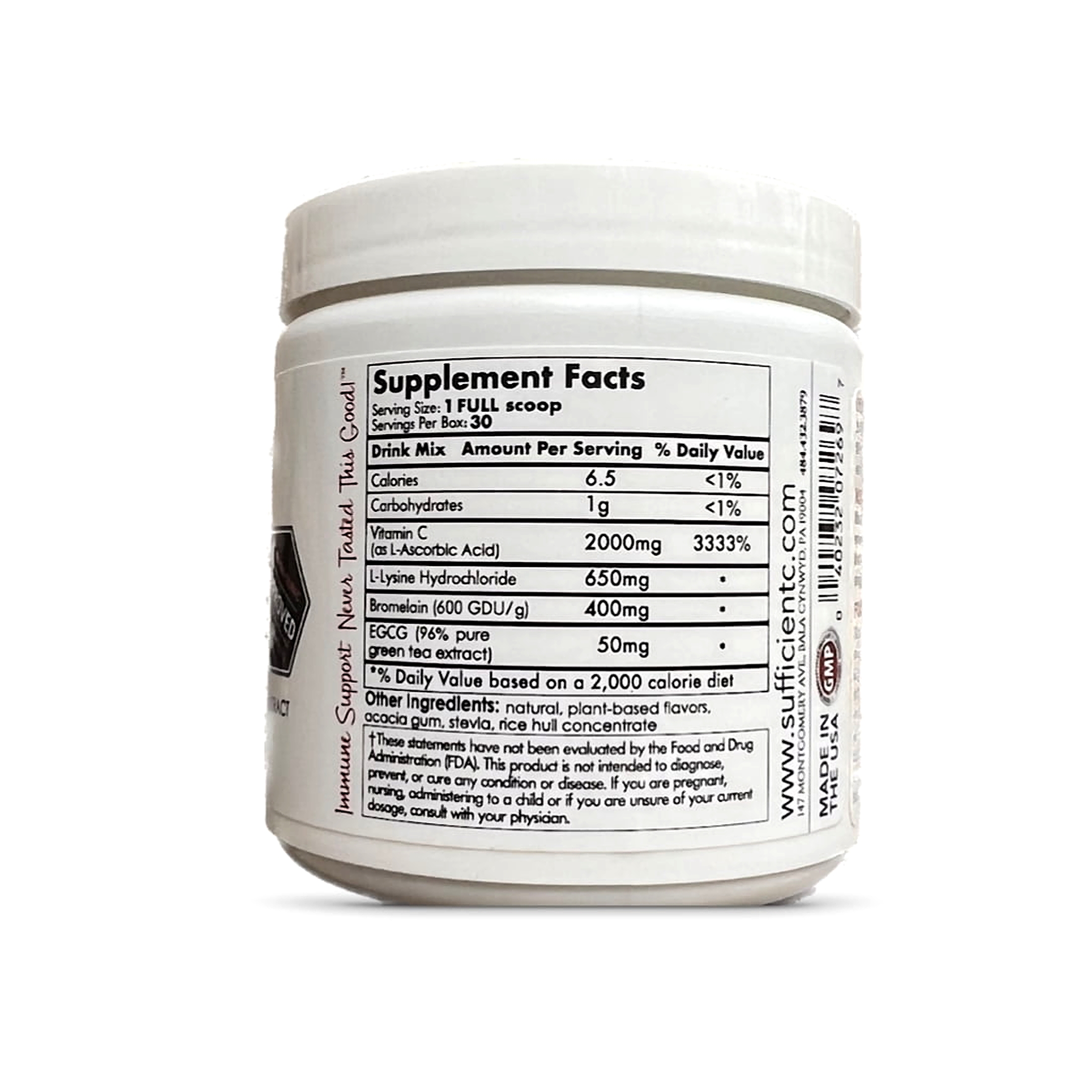 Sufficient-C® High Dose Non-GMO Vitamin C Lemon Peach Immune-Ade Drink Mix, SMALL 125 gram size - Collagen, Thyroid, Adrenal,  Blood Pressure & Cold Sore Support - Stomach Friendly