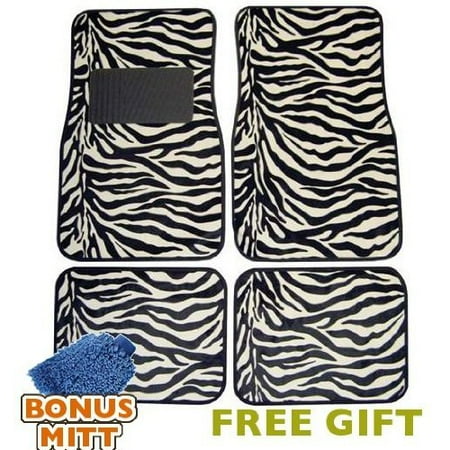 A Set of 4 Universal Fit Animal Print Carpet Floor Mats for Cars/Truck - White Zebra Stripes & Bonus Detailing WASH MITT
