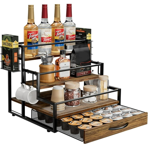 Coffee Syrup Organizer Rack, 4-Tier Syrup Bottle Holder Stand with 36 K Cup Pod Drawer Storage for Coffee Bar, 12 Bottles Storage Shelves for Syrup, Wine, Dressing for Kitchen Coffee Station