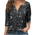 thumbnail image 2 of Lenpel Sequin Tops for Women Long Sleeve Crew Neck Half Zip Sparkly Glitter T-Shirts Dressy Casual Tees Shinny Party Blouses(Black,X-Large), 2 of 7
