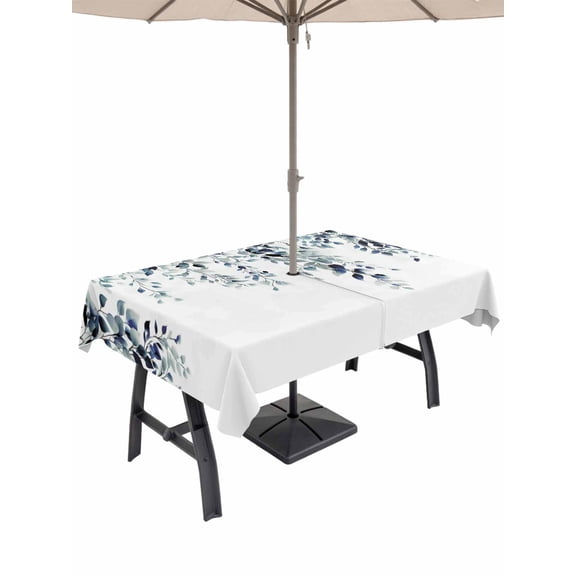 Outdoor Tablecloths with Umbrella Hole & Zipper, Blue Teal Eucalyptus Rectangle Tablecloth 60x120 Inch, Weeping Botanical Leaf Watercolor Waterproof Table Cloth, Patio/Pool/Picnic Table Covers