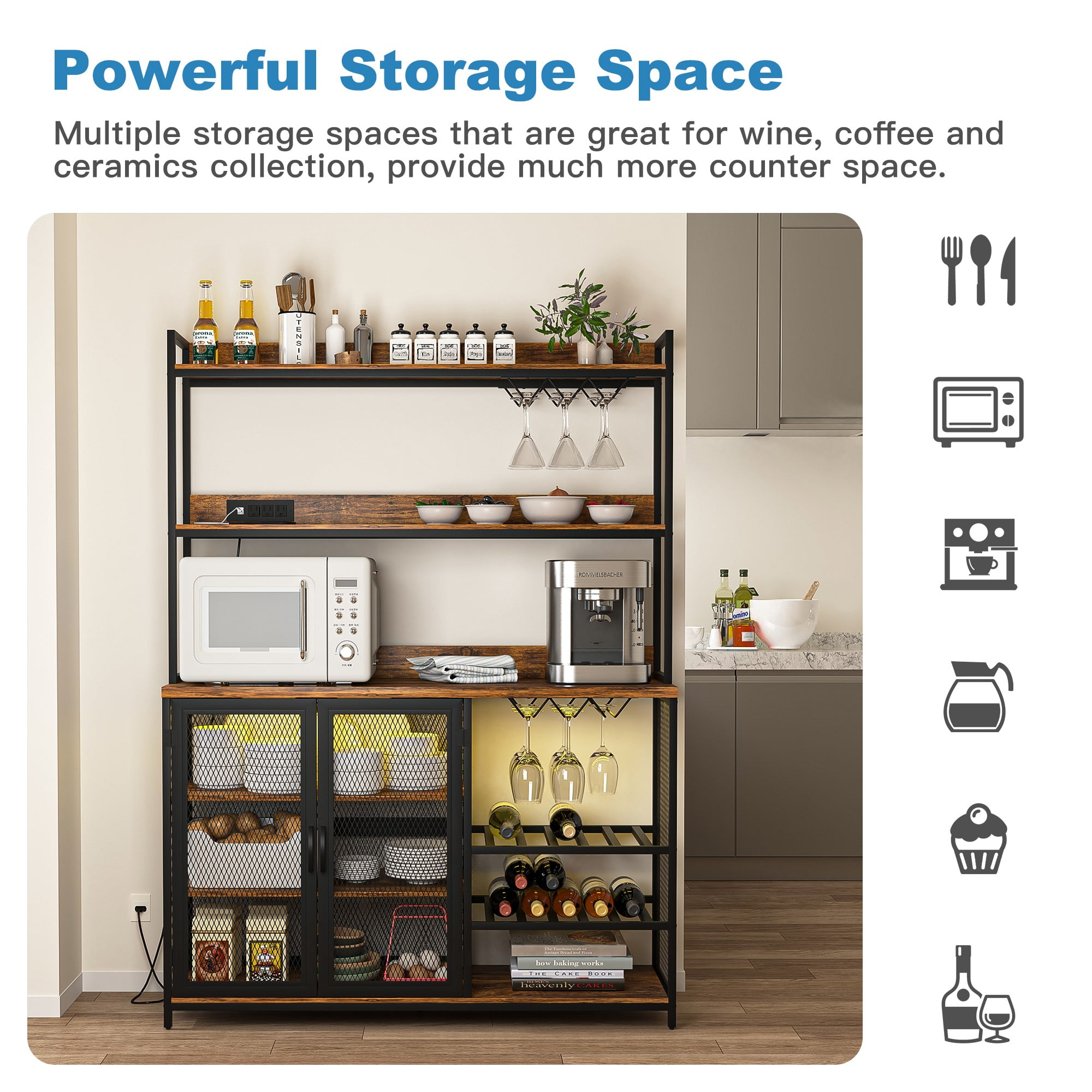 Finihen Coffee Bar Cabinet, Industrial Buffet Cabinet with LED Strip and Glass Holder, 3-Tiers Liquor Cabinet Bar for Home, Dining Room, Kitchen, Brown Finihen Coffee Bar Cabinet, Industrial Buffet Cabinet with LED Strip and Glass Holder, 3-Tiers Liquor Cabinet Bar for Home, Dining Room, Kitchen, Brown
