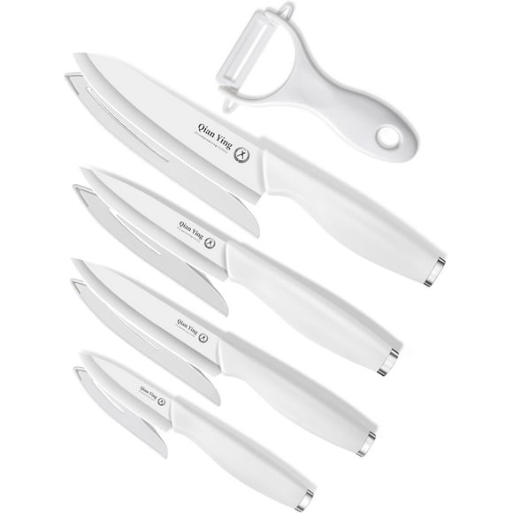 Ceramic Knife Set for Kitchen, Sharp Blade Fruit Cutting Knives with Cover Clean Cut Edge with Sheath (White Handle