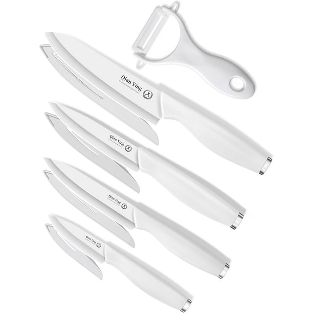 Ceramic Knife Set for Kitchen, Sharp Blade Fruit Cutting Knives with Cover Clean Cut Edge with Sheath (White Handle