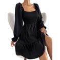 thumbnail image 2 of Women'S Square Neck Lantern Long Sleeve Ruffle Shirred Flowy Party Mini Dress Black XXL, 2 of 9