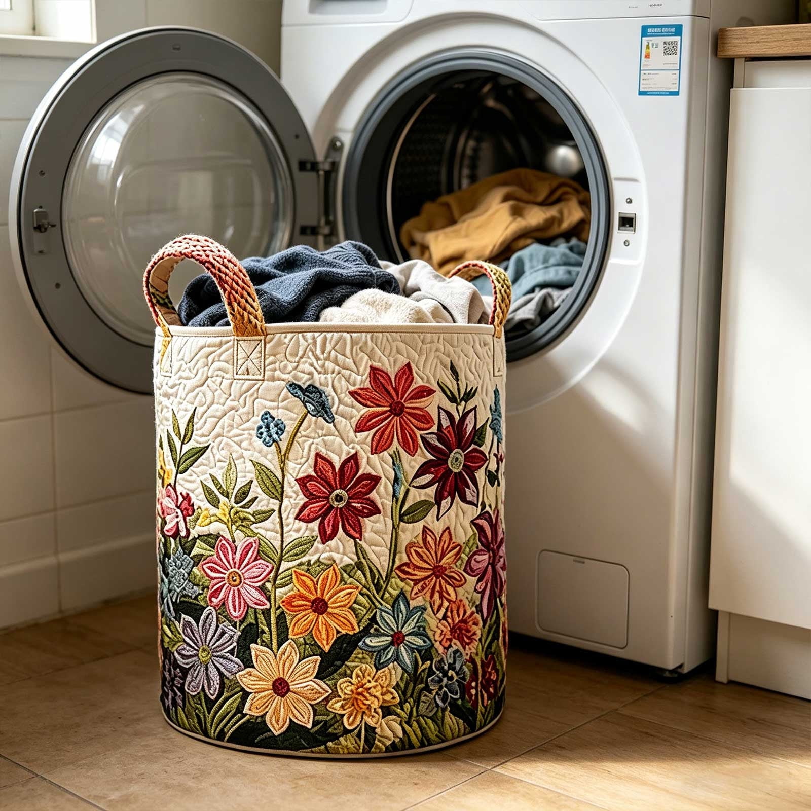Quilted Dustproof Laundry Storage Basket, Boho Foldable Dirty Clothes Hamper, Portable Carry Handle Design, Multi-Purpose Home Organizer for Clothes Toys and Sundries, F-L