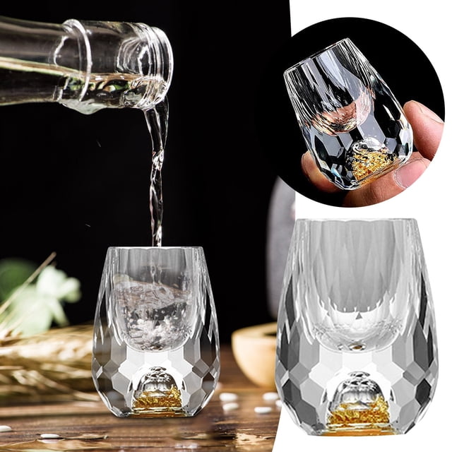 Copa de vino sin tallo con corte de diamante, cristalina con acento de lámina de oro, versátil para vino tinto y blanco, whisky, juego de 1 pieza, diseño moderno y elegante, base estable, agarre