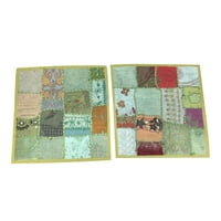 Mogul Square Patchwork Embroidered Cushion Cover Indian Home Decor Greem Pillow Cases 16x16