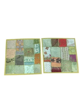 Mogul Square Patchwork Embroidered Cushion Cover Indian Home Decor Greem Pillow Cases 16x16