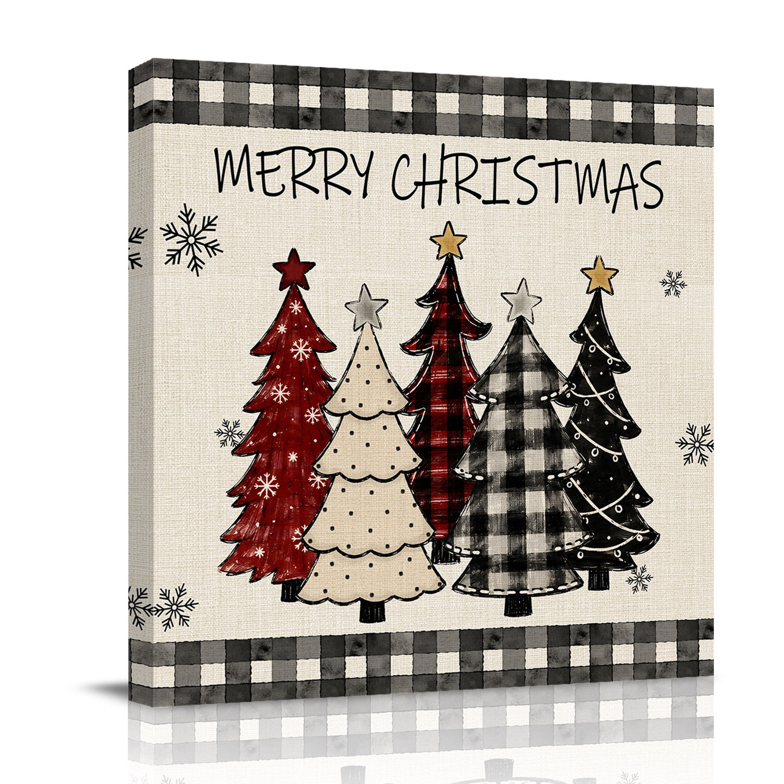 Canvas Wall Art Merry Christmas Framed Canvas Prints for Bathroom Kitchen Winter Xmas Snowflake Trees Plaid Black Gallery Wrapped Wall Decor for Home Office Gifts 10 x10 Ship Next Day