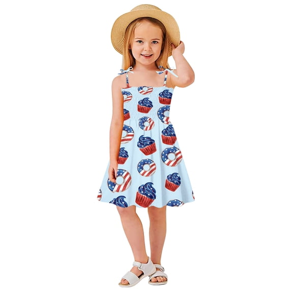 Girl Dresses Kids Stars and Stripes Print USA 250th Anniversary Spaghetti Strap Knee Length Sun Dress Cute Toddler Style Blue 18 Months-24 Months