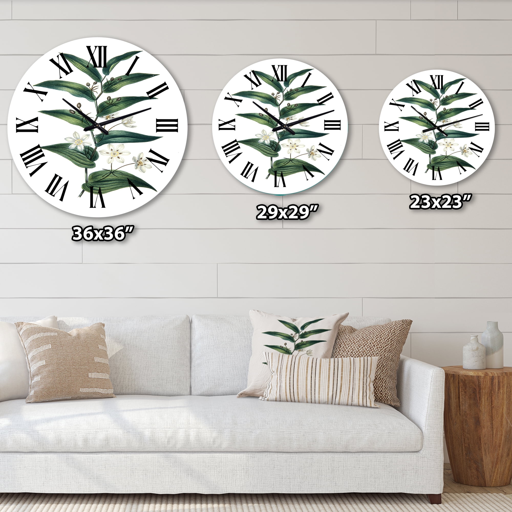Designart 'Vintage Plant With Little White Flowers' Farmhouse Wall Clock