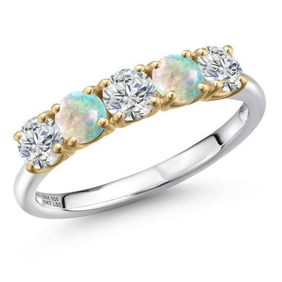 Gem Stone King 925 Silver and 10K Yellow Gold Lab Grown Diamond and Simulated White Opal Wedding-Bands Ring for Women | 1.31 Cttw | Round 4MM | Gemstone April Birthstone | Size 8
