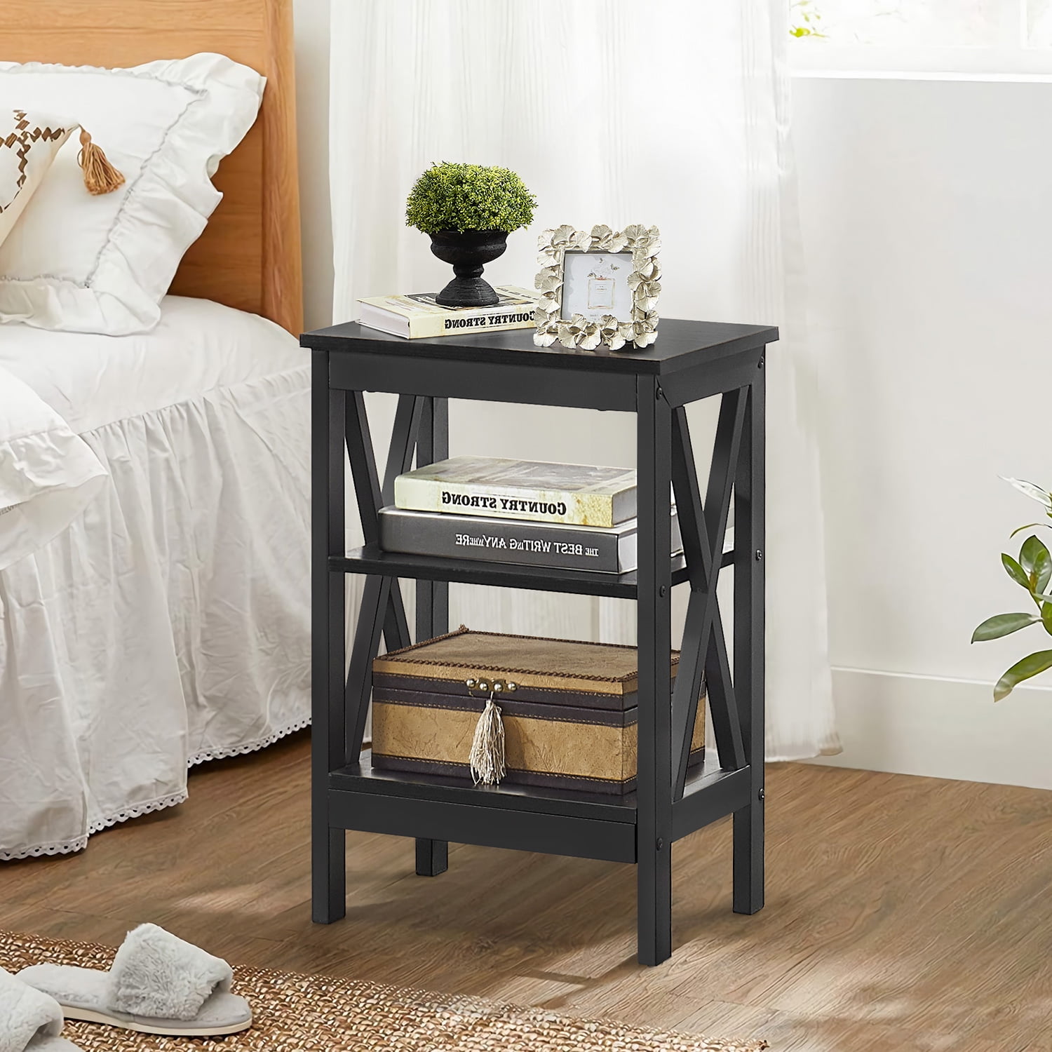 VECELO Set of 2 Nightstand with 3-Tier Shelf, Side End Table for Living Room, Bedroom, Black