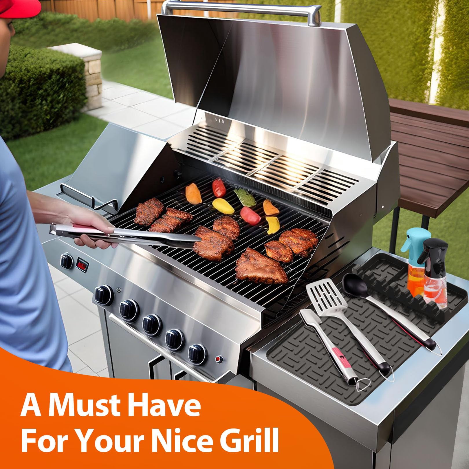 Griddle Mat with 3Pcs Basting Brush BBQ Grill Accessories Tools for Blackstone, Side Shelf Mat Grill Pad for Outdoor Grill Counter Spatula Silicone Mat for Kitchen, Cooking, Countertop, Black
