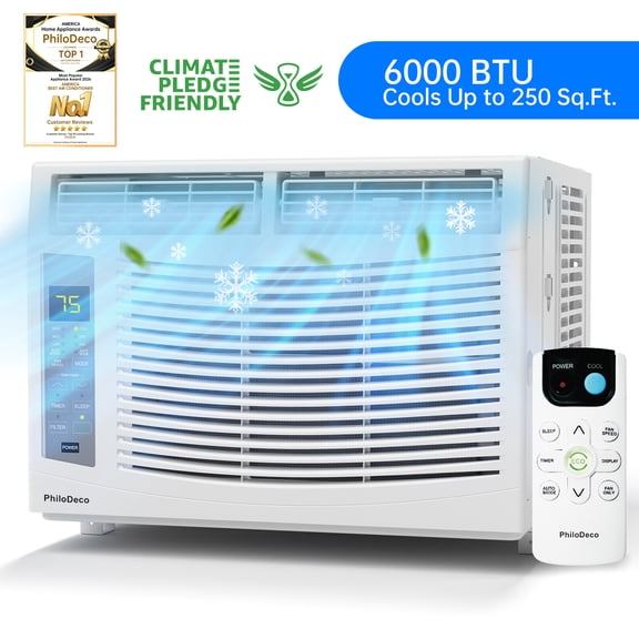 PhiloDeco 6000 BTU Window Air Conditioner Cool to 250 sq ft Intelligent, LED,Remote Control, Easy to Clean Filter Screen, Can Be Used as a Dehumidifier/Fan, Operates Quietly, and is Energy-Saving