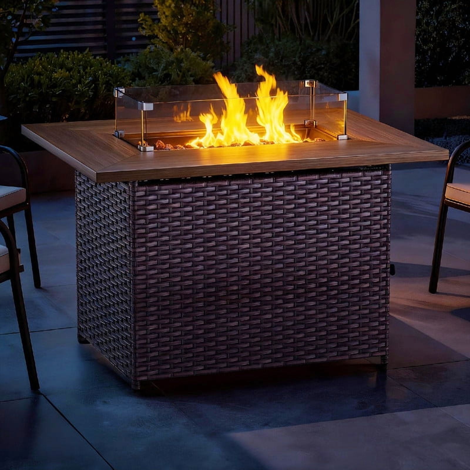 Giantfurnni 41" Propane Fire Pit Table with Lid, Outdoor Wicker 50,000 BTUs Rectangle Gas Fire Pit Table with Glass Wind Guard and Lava Rocks for Balcony Porch Deck
