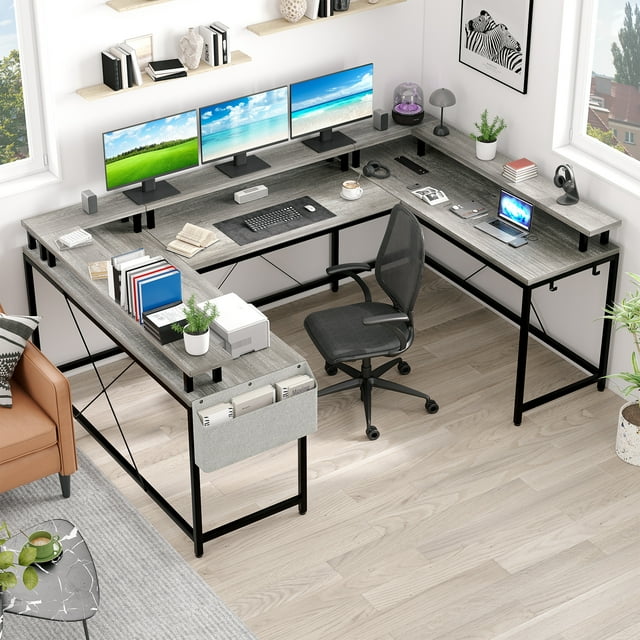 Bureau en Forme de U Bureau de Jeu Bureau d'Ordinateur avec Lumière LED et Prise Électrique, Table d'Ordinateur Réversible en Forme de L de 79 Pouces pour Petit Espace, Facile à Assembler